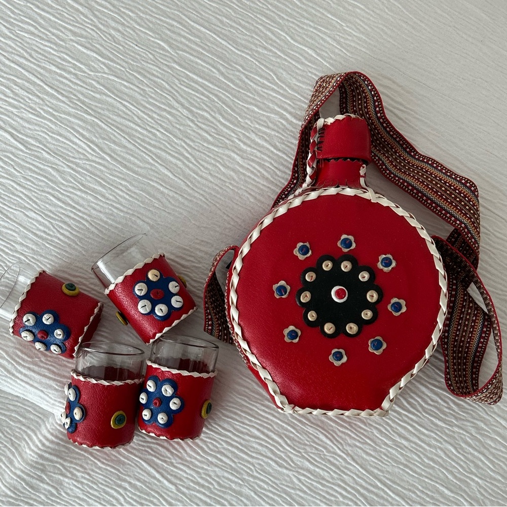 Vintage Folk Art Canteen and Shot Glass Set